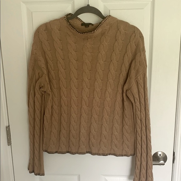J Crew Cable Knit Tan Sweater with black contrast stitching trim size medium - Picture 1 of 12